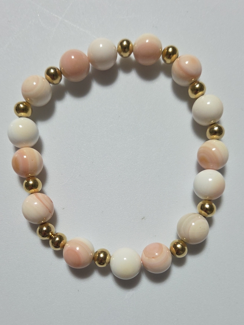 Handmade Queen Conch Shell Stretch Bracelet 10mm 7.5" Pink White Gemstone